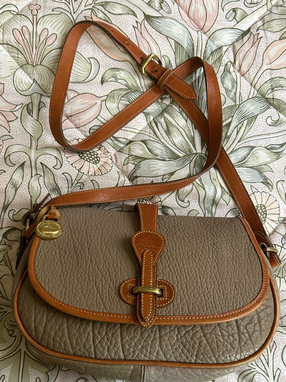 Vintage Dooney & Bourke All Weather Leather Crossbody Bag Taupe & British Tan